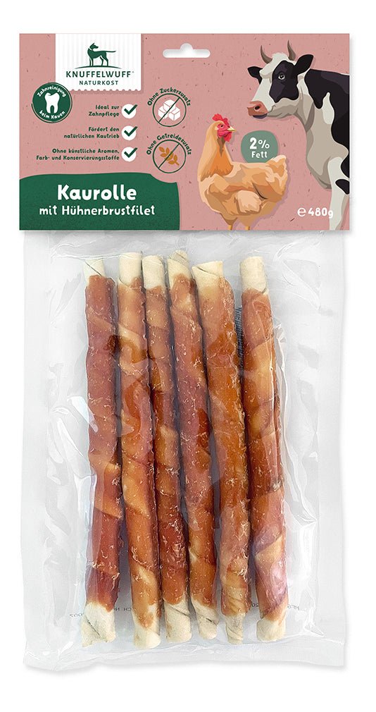 Knuffelwuff Kaurollen mit Hühnerbrustfilet & Rinderrohhaut – Zahnpflege