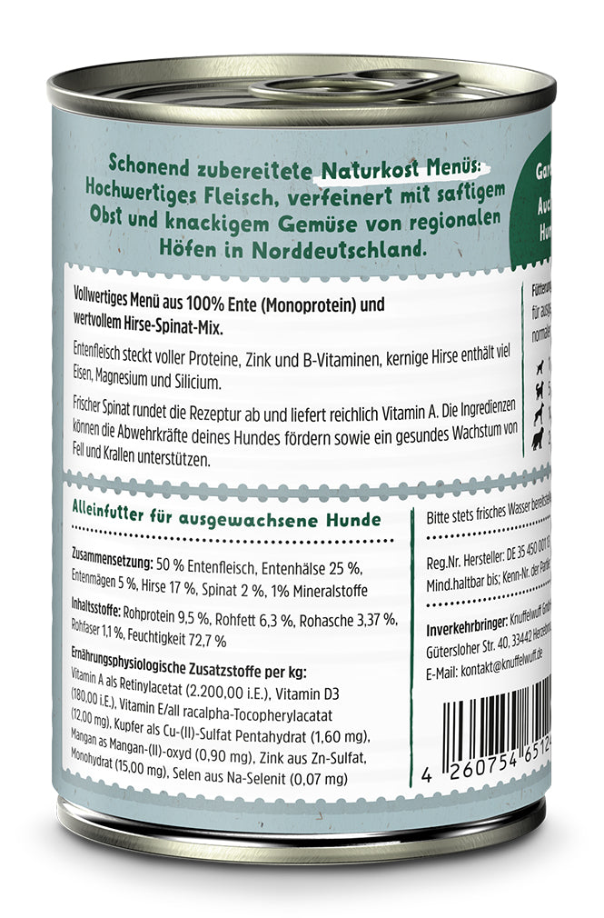 Knuffelwuff Naturkost Ente mit Hirse & Spinat – Nährstoffreich, sensitiv & lecker
