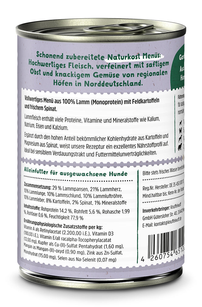 Knuffelwuff Naturkost Lamm mit Kartoffeln & Spinat – Nährstoffreich & natürlich