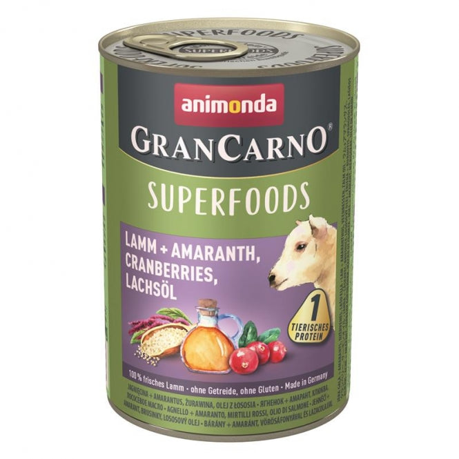 Animonda GranCarno Superfoods Lamm – Fleischreiche Nassnahrung mit Superfoods für ausgewachsene Hunde