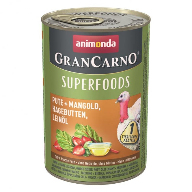 Animonda GranCarno Superfoods Pute – Nassnahrung mit Superfoods für ausgewachsene Hunde