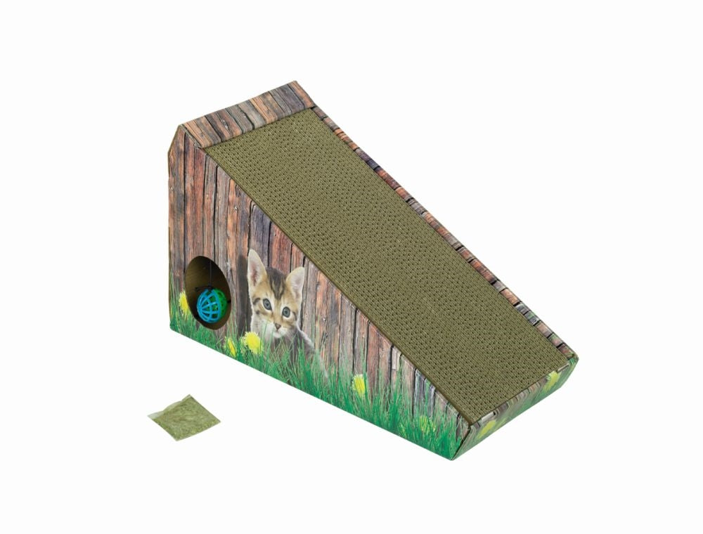 Kratzbrett aus Karton mit Spielöffnung & Catnip