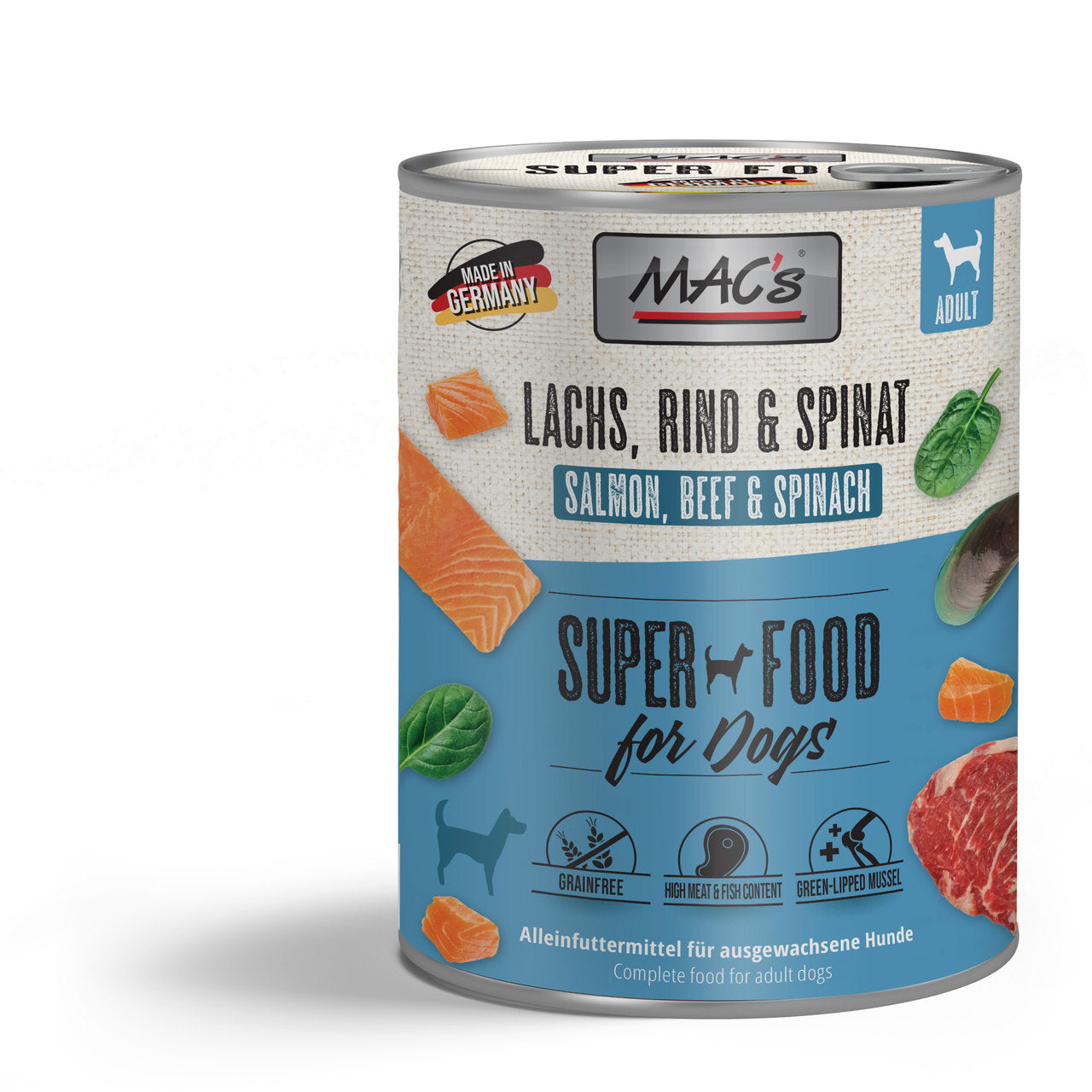 Mac’s Dog Lachs, Rind & Spinat – Getreidefreie Vollnahrung mit Omega-Fettsäuren & Gelenkschutz