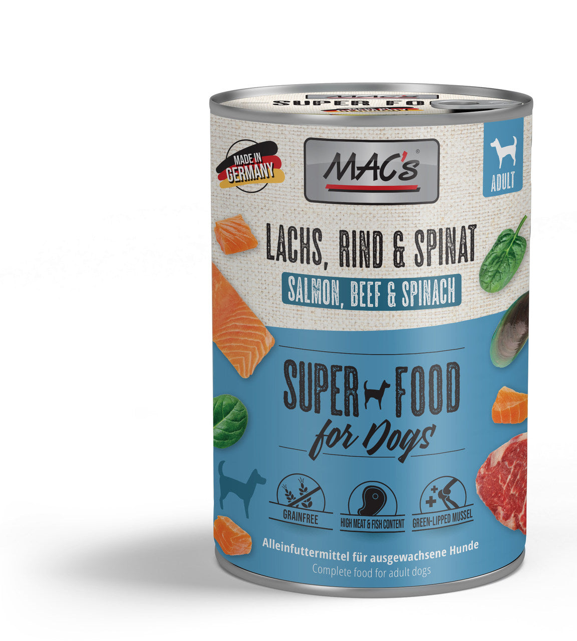 Mac’s Dog Lachs, Rind & Spinat – Getreidefreie Vollnahrung mit Omega-Fettsäuren & Gelenkschutz