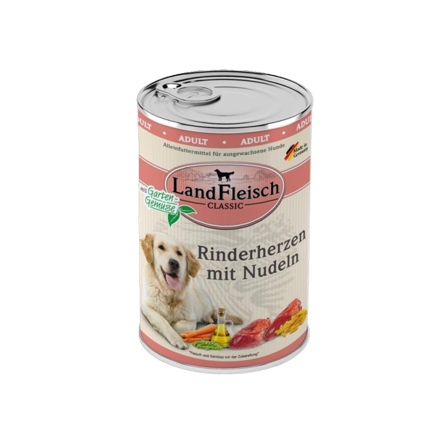 Landfleisch Dog Classic – Rinderherzen mit Nudeln & Gartengemüse
