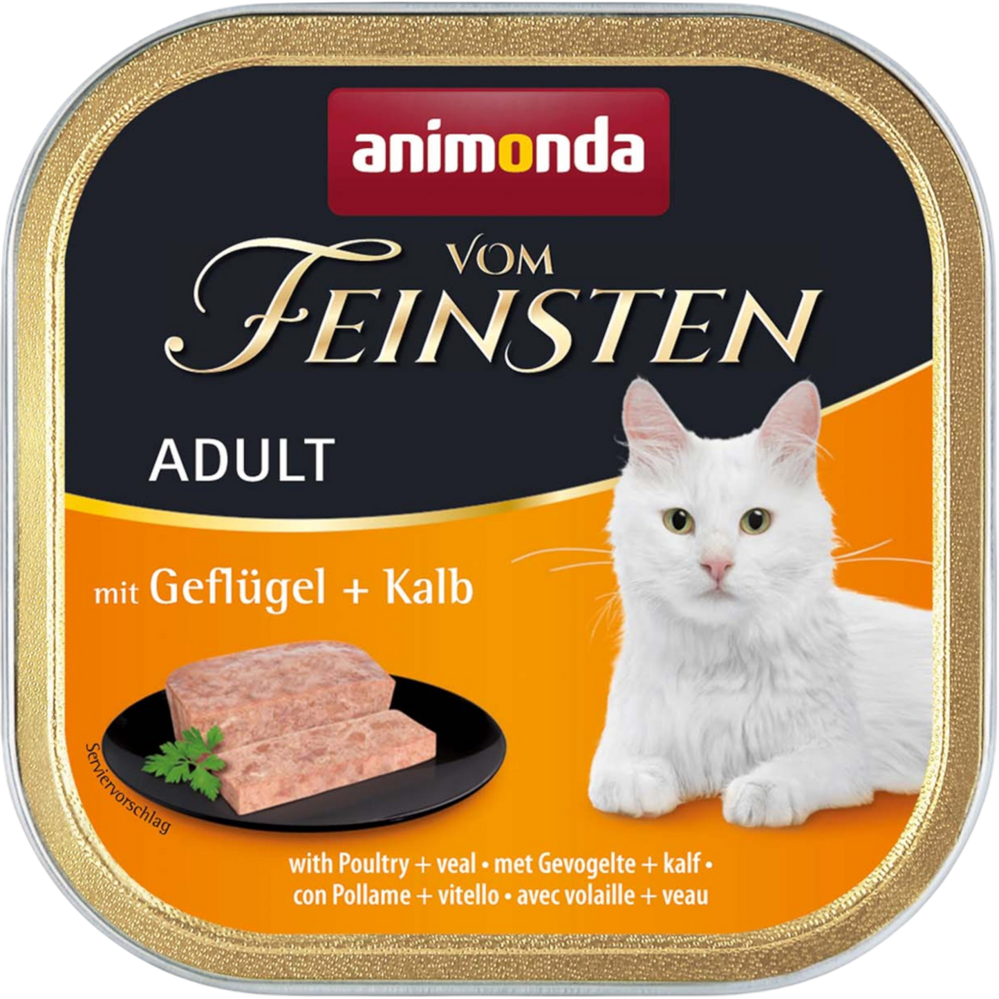Vom Feinsten Adult Pastete mit Geflügel + Kalb Ein zartes Premium-Menü für anspruchsvolle Feinschmecker-Katzen.