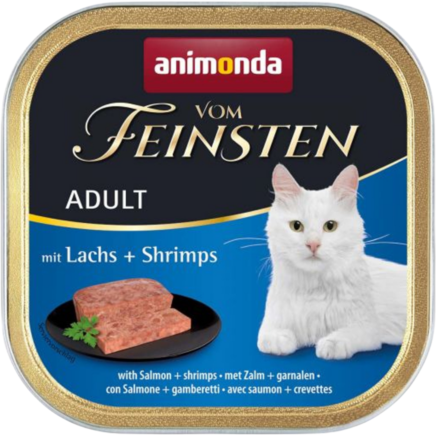 Vom Feinsten Adult Pastete mit Lachs + Shrimps Feine Premium-Pastete für anspruchsvolle Genießerkatzen.