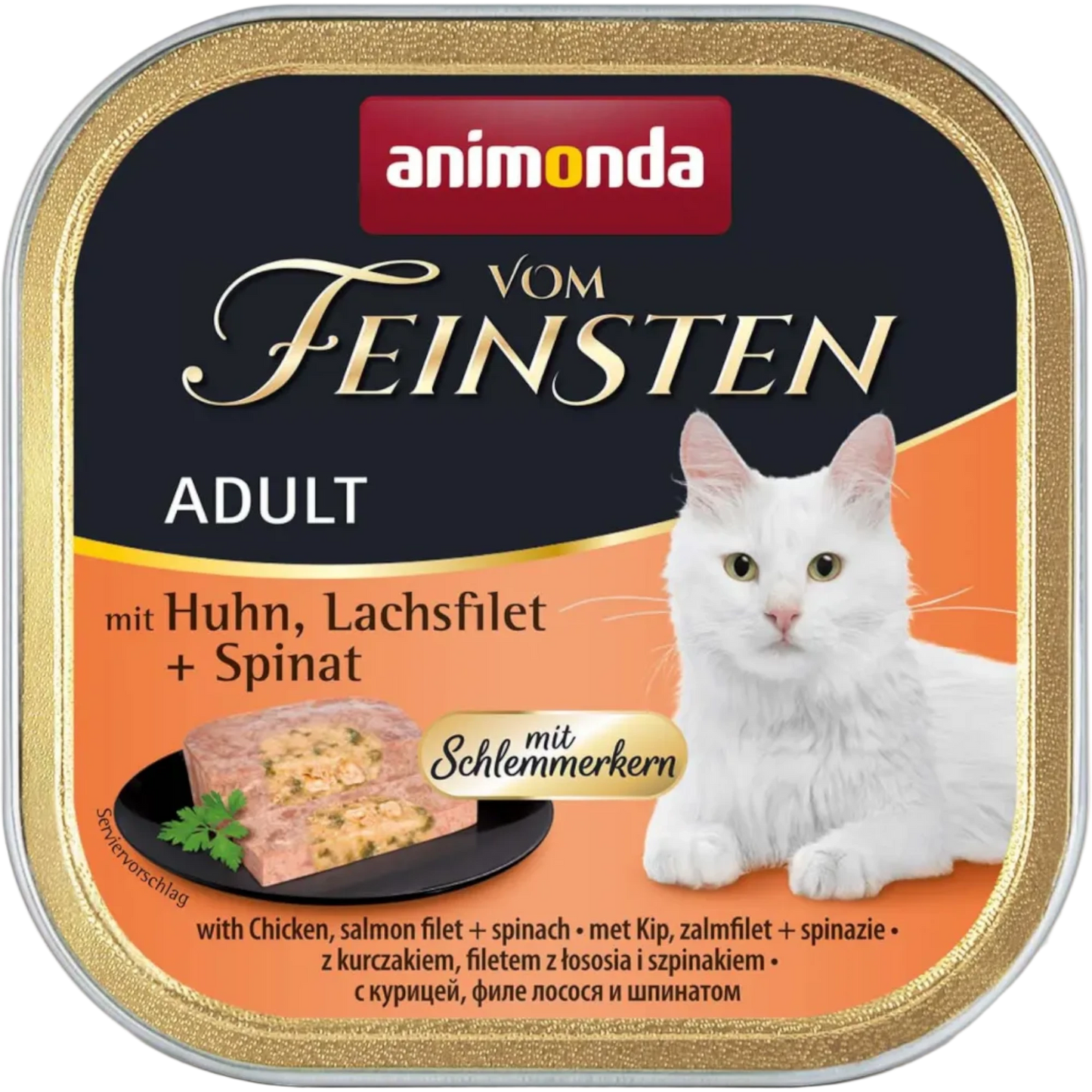 Vom Feinsten Adult mit Schlemmerkern – Huhn, Lachsfilet + Spinat Doppelter Genuss. Hohe Akzeptanz.