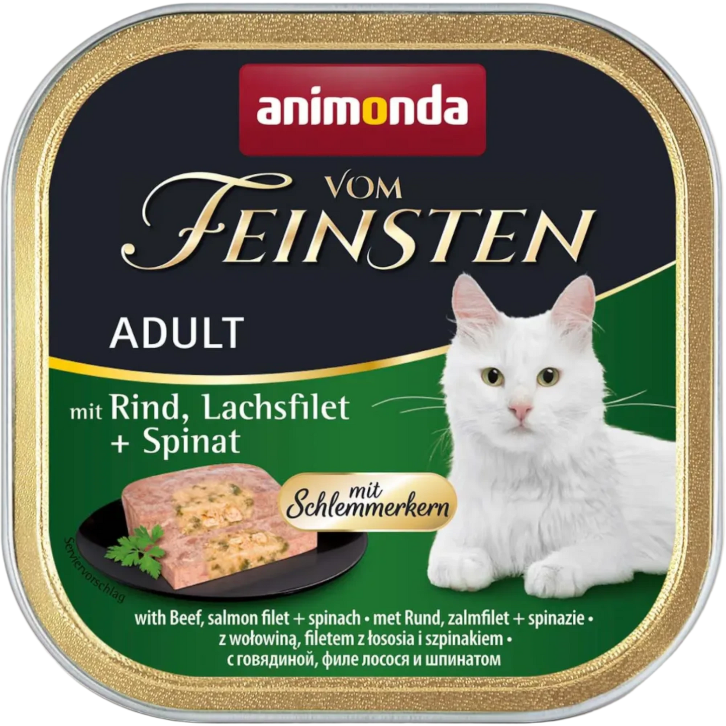 Vom Feinsten Adult mit Schlemmerkern – Rind, Lachsfilet + Spinat Mehrwert im Napf. Doppelter Genuss.