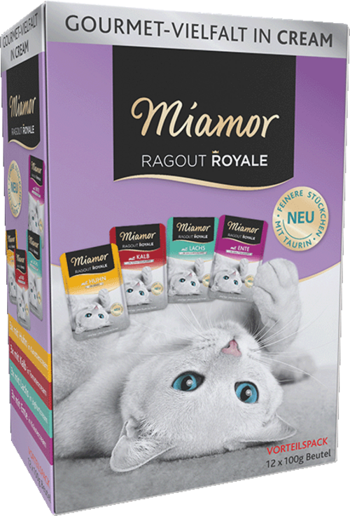 Miamor Ragout Royale in Cream – Multibox Adult Lachs, Kalb, Ente & Huhn (12 x 100g)