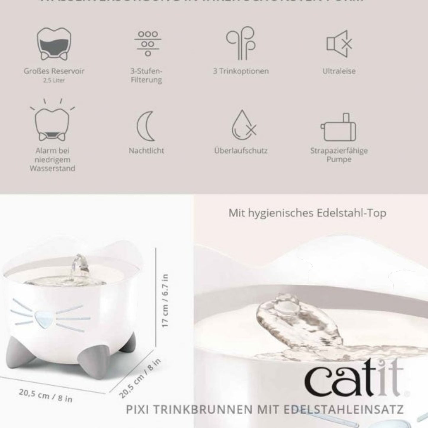 Catit PIXI Trinkbrunnen mit Edelstahleinsatz – Stilvoll, Hygienisch, Katzengerecht