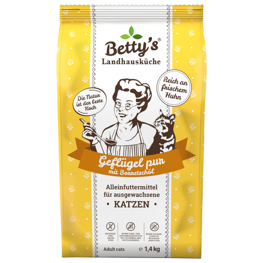 Betty’s Landhausküche Katze Adult – Geflügel pur  Zarter Geflügelgenuss. Natürlich. Reduziert. Überzeugend.