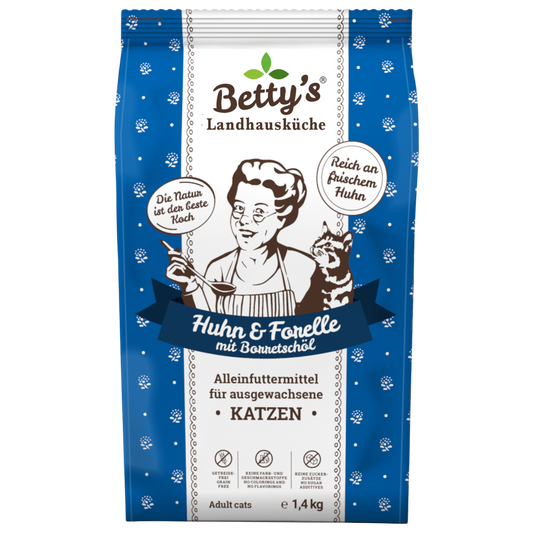 Betty’s Landhausküche Katze Adult – Huhn & Forelle  - Zartes Premium-Trockenfutter für anspruchsvolle Katzen