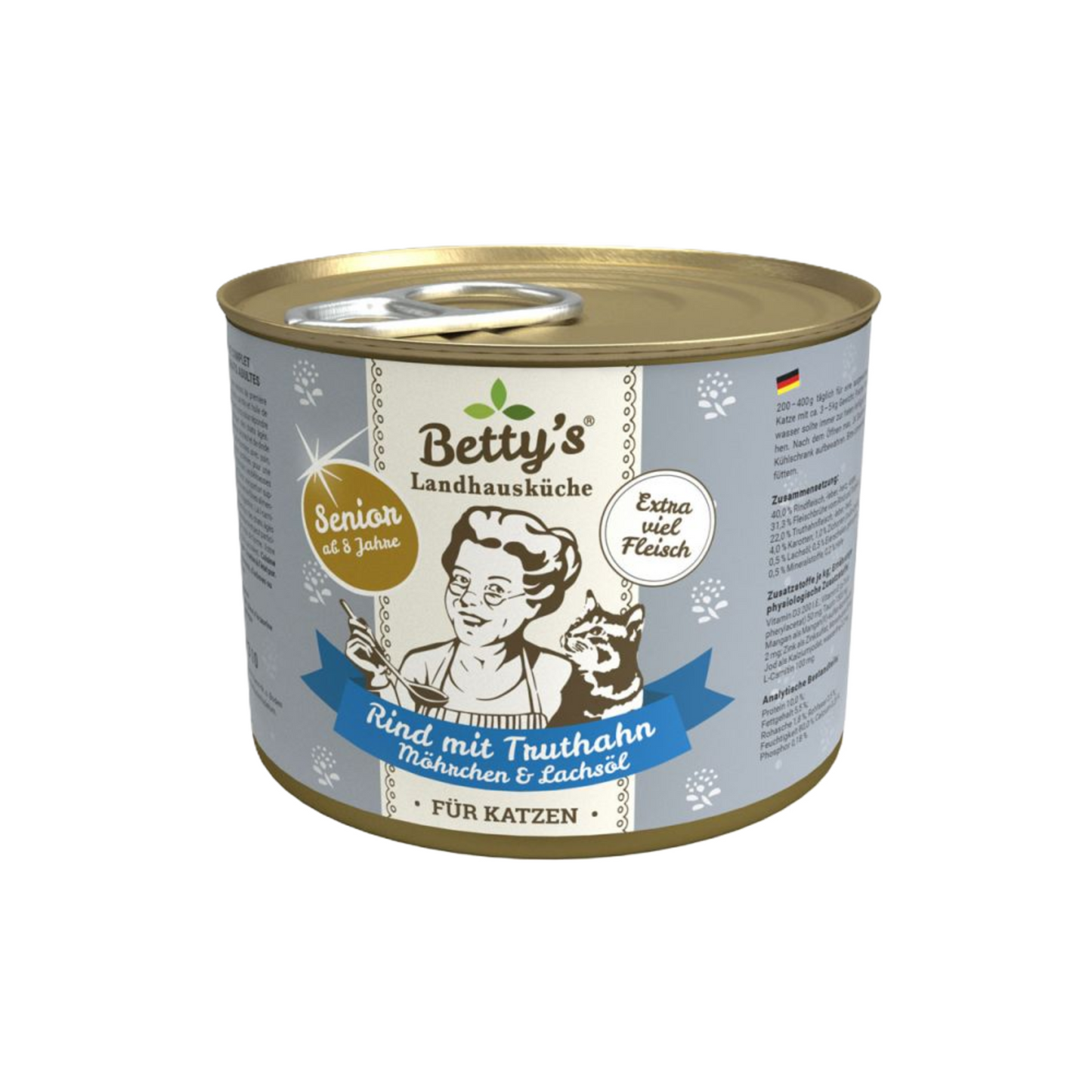 Betty’s Landhausküche Senior-Katzenmenü – Rind & Truthahn mit Möhrchen & Lachsöl