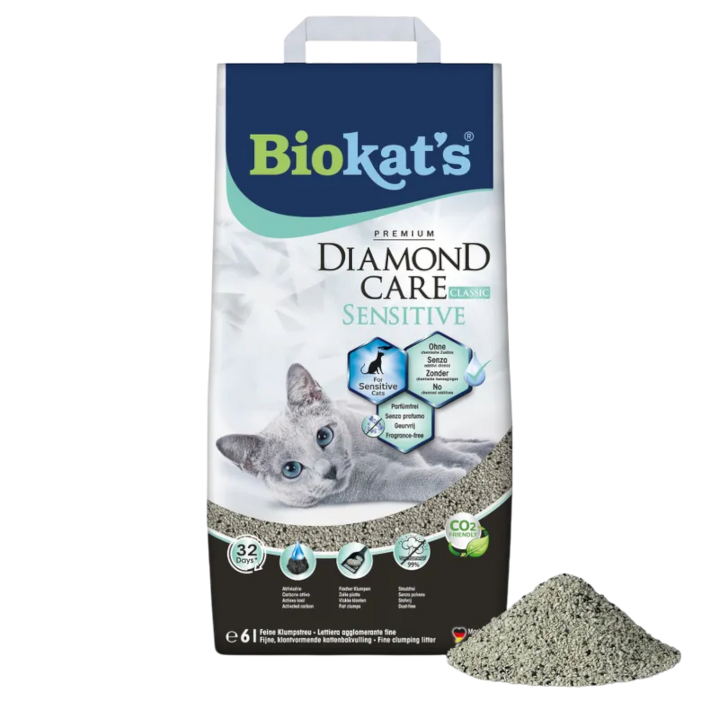 Biokat’s Diamond Care Sensitive 6l - Parfümfrei, feinkörnig & hochverträglich – ideal für sensible und allergische Katzen