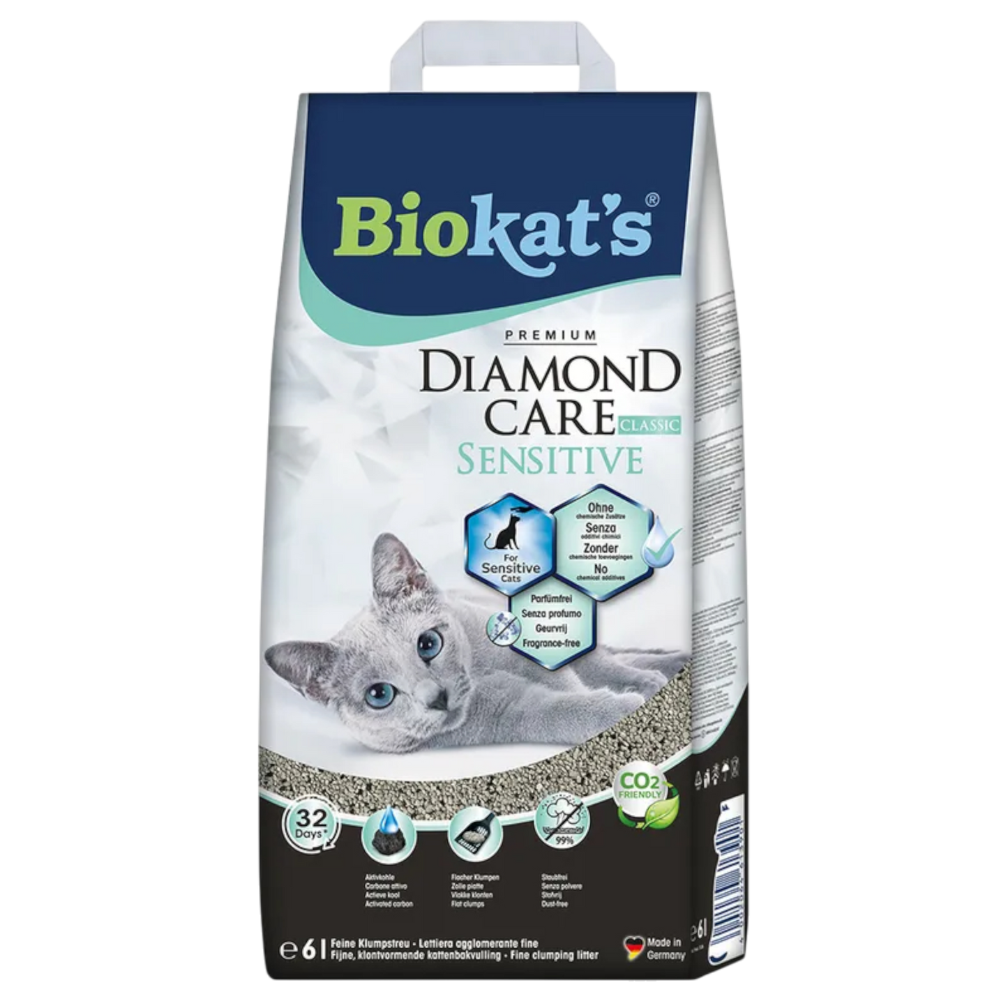 Biokat’s Diamond Care Sensitive 6l - Parfümfrei, feinkörnig & hochverträglich – ideal für sensible und allergische Katzen
