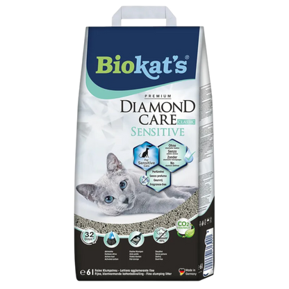 Biokat’s Diamond Care Sensitive 6l - Parfümfrei, feinkörnig & hochverträglich – ideal für sensible und allergische Katzen