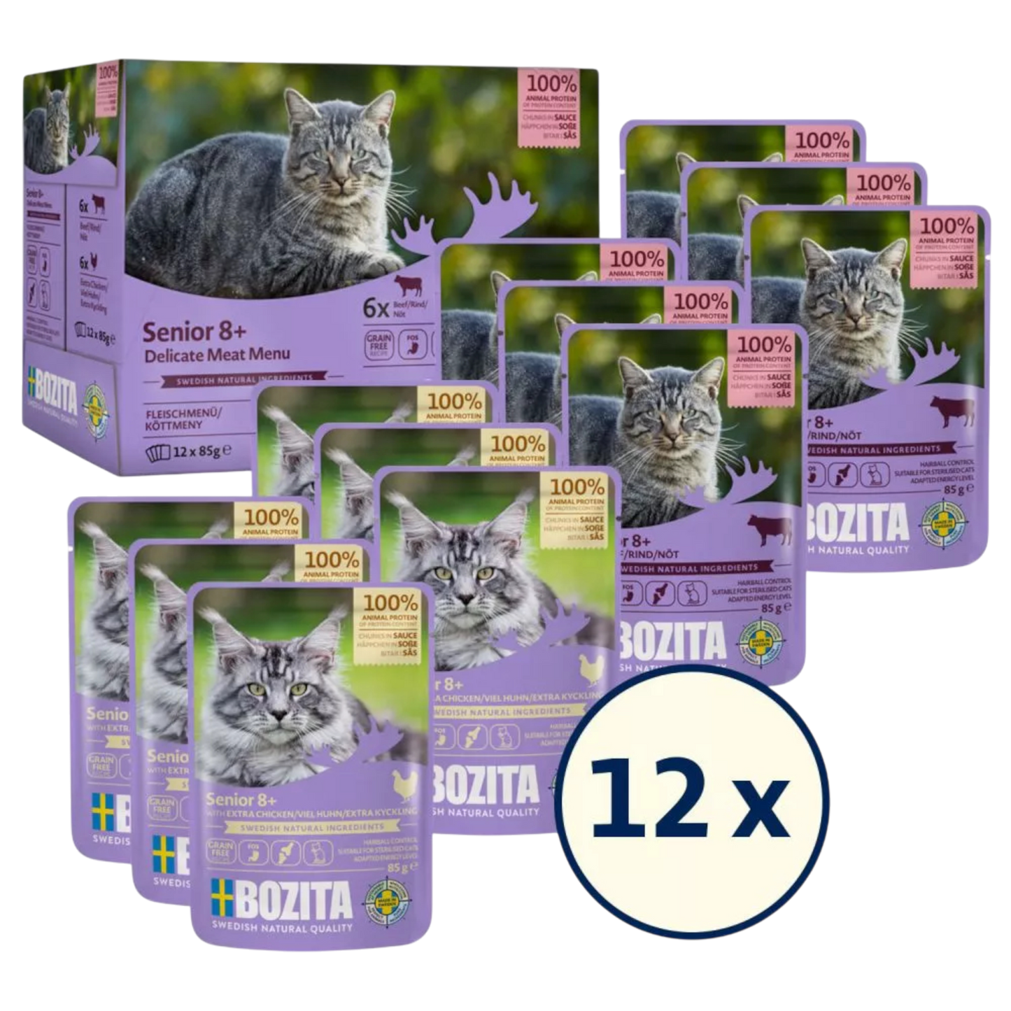 Bozita Senior 8+ Häppchen in Sauce – Getreidefreie Multibox mit Huhn & Rind