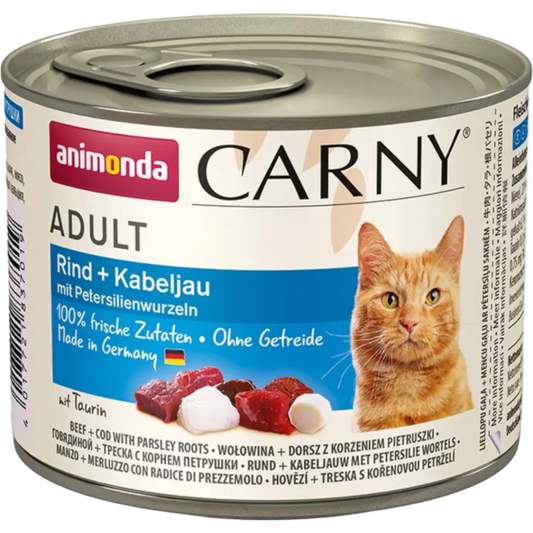 Carny Adult Rind + Kabeljau mit Petersilienwurzeln – Fleisch trifft Fisch, klar positioniert