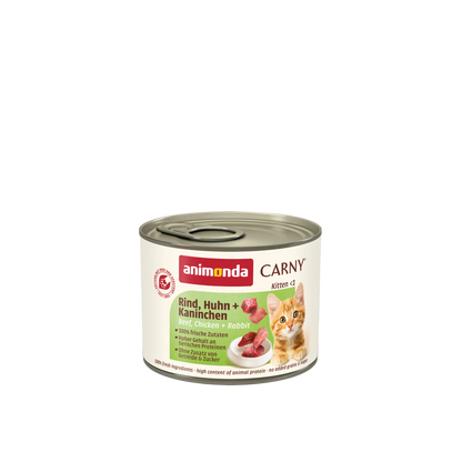 Carny Kitten Rind, Huhn + Kaninchen – ausgewogener Fleischgenuss für wachsende Kätzchen