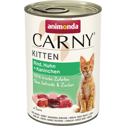 Carny Kitten Rind, Huhn + Kaninchen – ausgewogener Fleischgenuss für wachsende Kätzchen