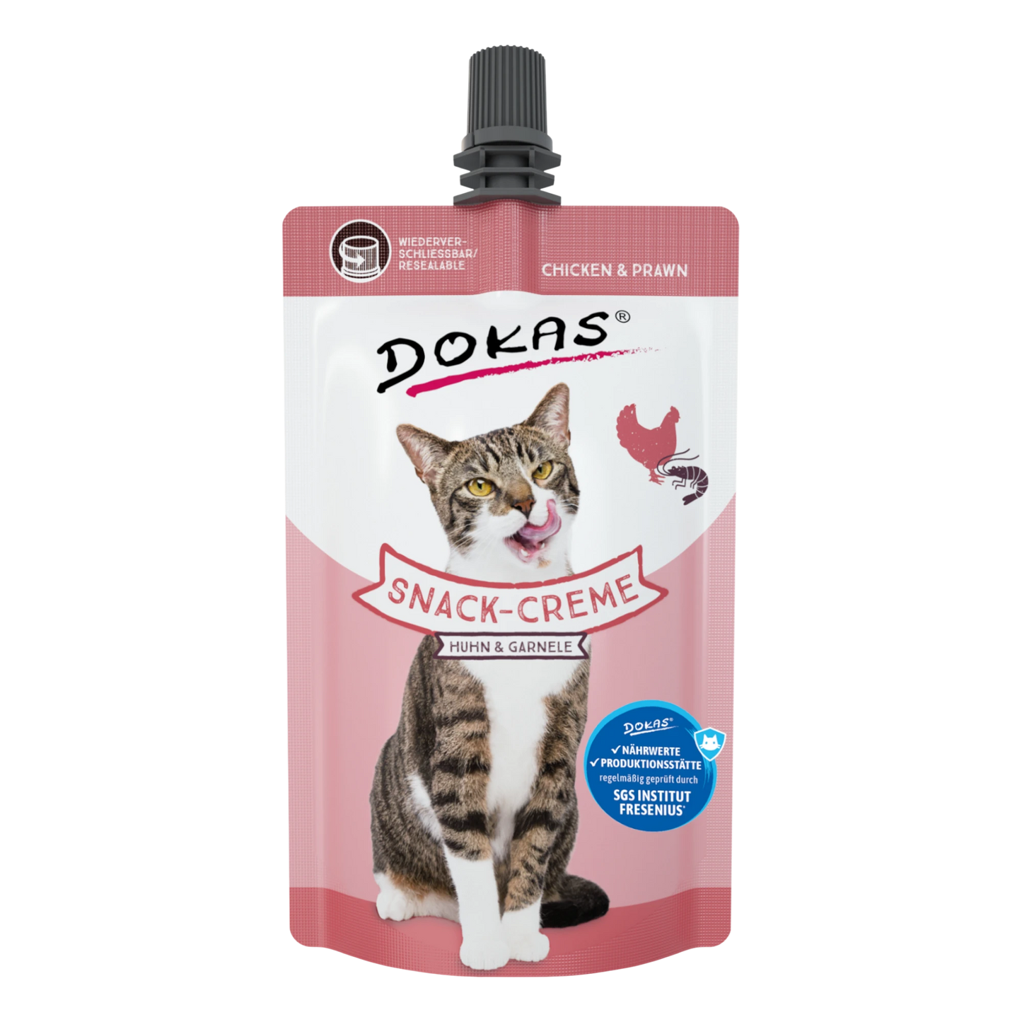 Dein Fellnasen Shop Dokas Snack-Creme für Katzen mit Huhn und Garnele im praktischen wiederverschließbaren 90g Beutel