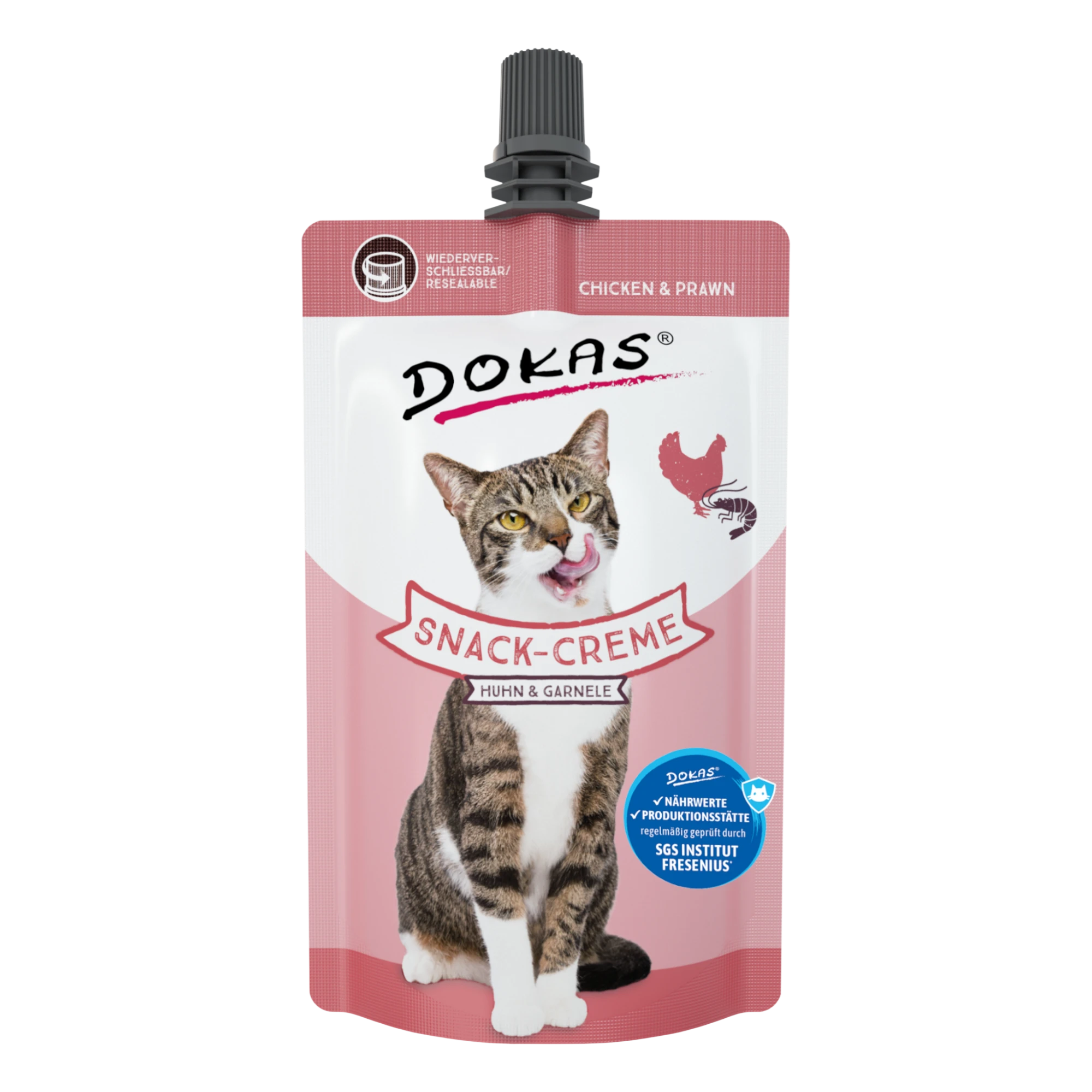 Dein Fellnasen Shop Dokas Snack-Creme für Katzen mit Huhn und Garnele im praktischen wiederverschließbaren 90g Beutel