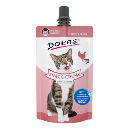 Dein Fellnasen Shop Dokas Snack-Creme für Katzen mit Huhn und Garnele im praktischen wiederverschließbaren 90g Beutel