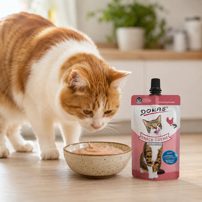 Dein Fellnasen Shop Dokas Snack-Creme Huhn & Garnele in einer Schale, daneben eine Katze, die den cremigen Snack frisst.