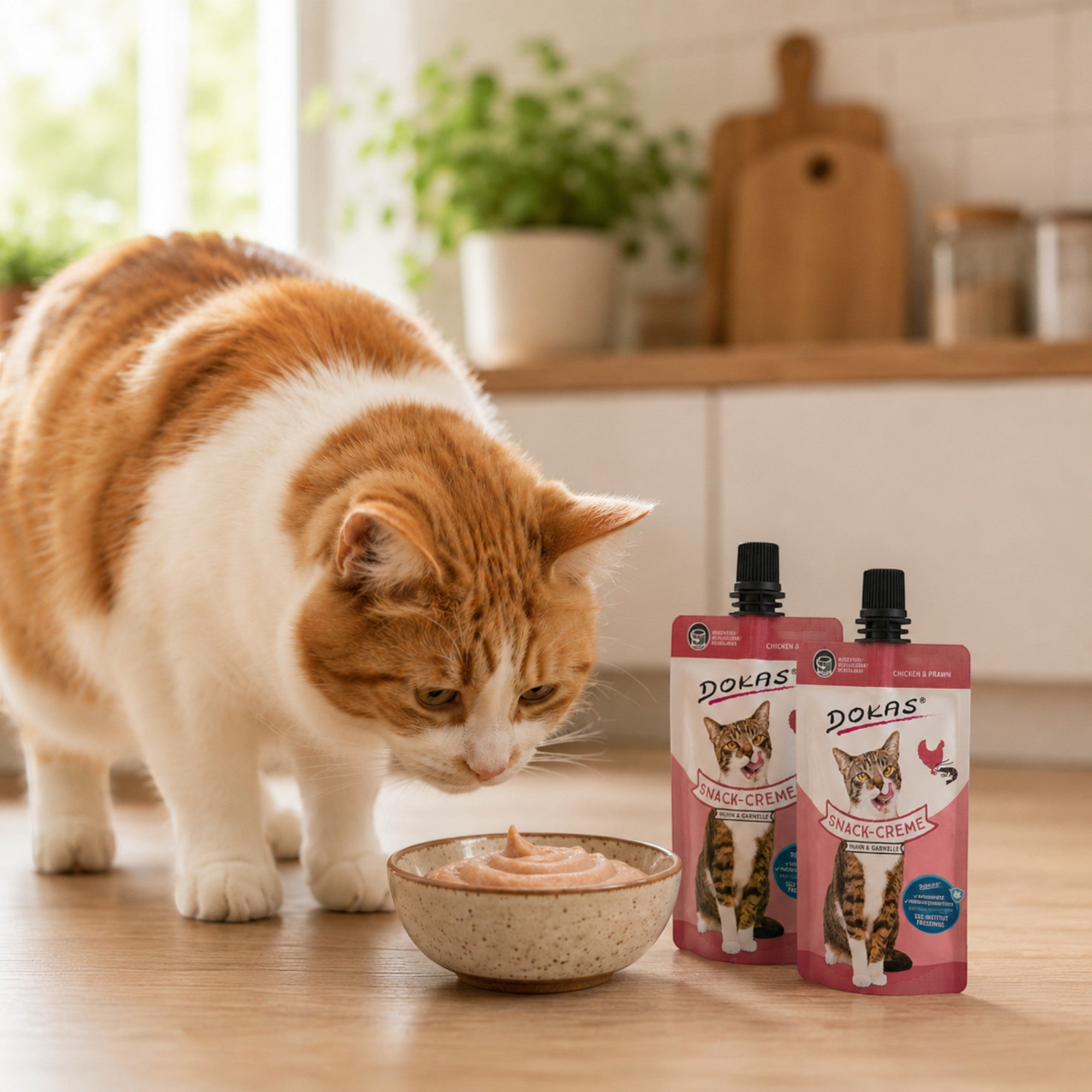 Eine rot-weiße Katze schnuppert an einer Schale mit Dokas Cat Snack-Creme Huhn & Garnele von Dein Fellnasen Shop.