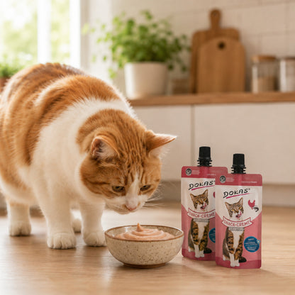 Eine rot-weiße Katze schnuppert an einer Schale mit Dokas Cat Snack-Creme Huhn & Garnele von Dein Fellnasen Shop.