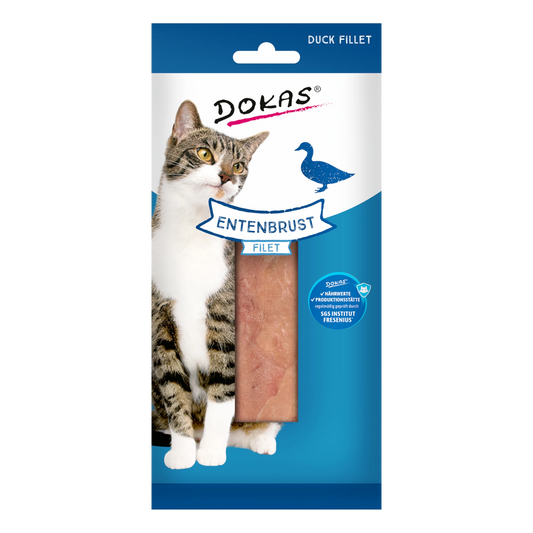 Dein Fellnasen Shop Dokas Entenbrust Filet für Katzen, ein saftiger Snack aus 100% gekochtem Entenfleisch in der Packung
