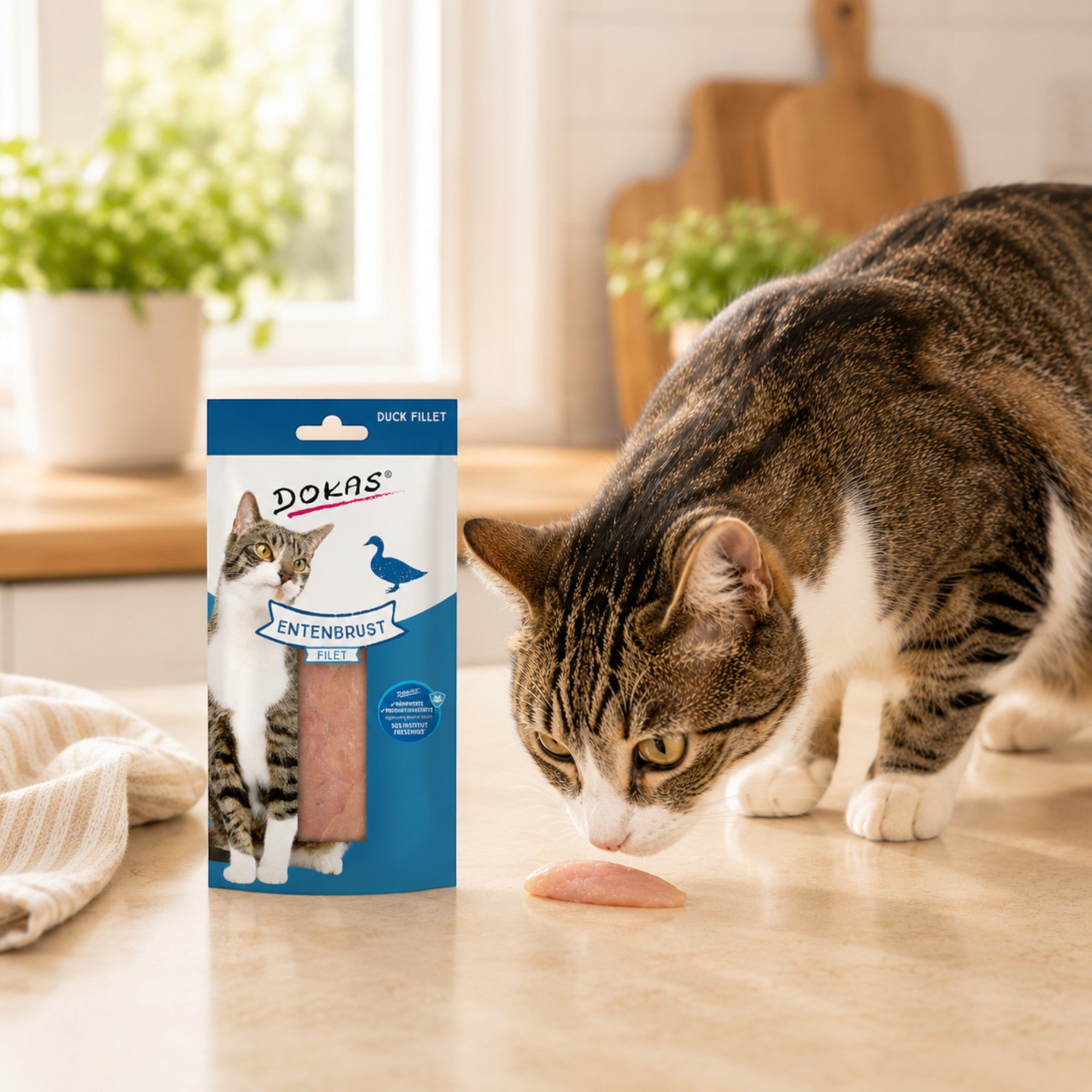 Dein Fellnasen Shop Dokas Entenbrust Filet Snack für Katzen, serviert auf einem Küchentisch neben der Produktverpackung.