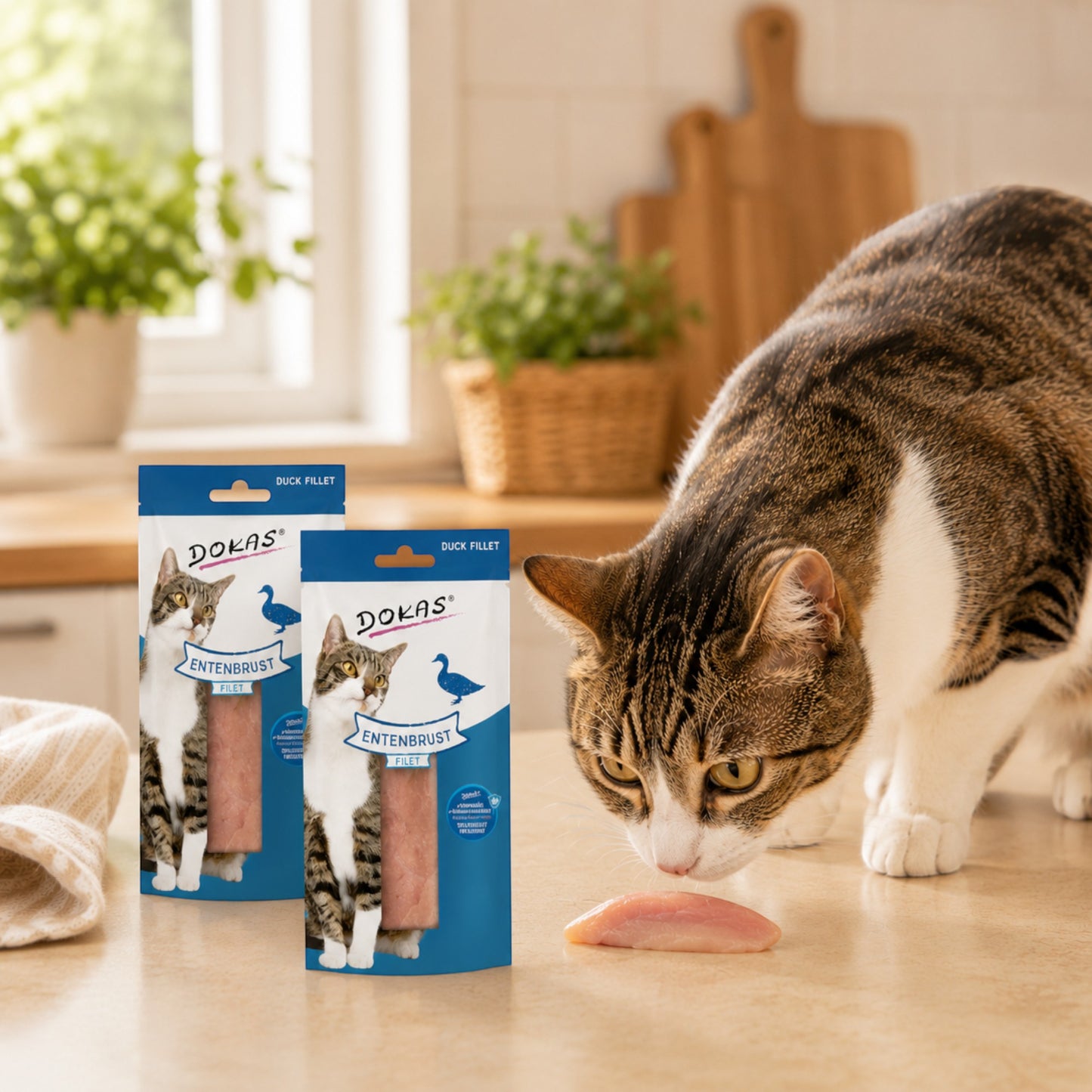 Dein Fellnasen Shop Dokas Entenbrust Filet Snack für Katzen, präsentiert neben einer Katze in einer Küche.