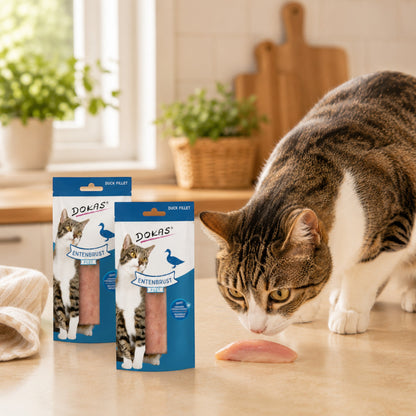 Dein Fellnasen Shop Dokas Entenbrust Filet Snack für Katzen, präsentiert neben einer Katze in einer Küche.