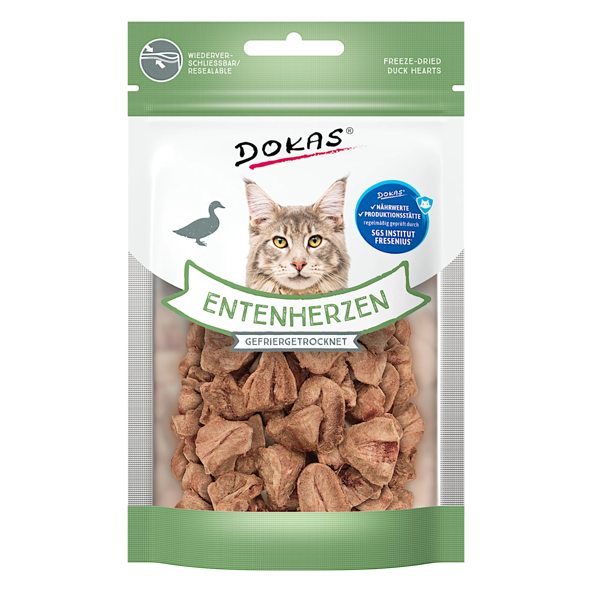 Dein Fellnasen Shop Dokas gefriergetrocknete Entenherzen als knuspriger Katzensnack im wiederverschließbaren Beutel