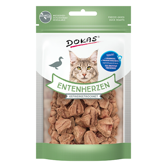 Dein Fellnasen Shop Dokas gefriergetrocknete Entenherzen als knuspriger Katzensnack im wiederverschließbaren Beutel