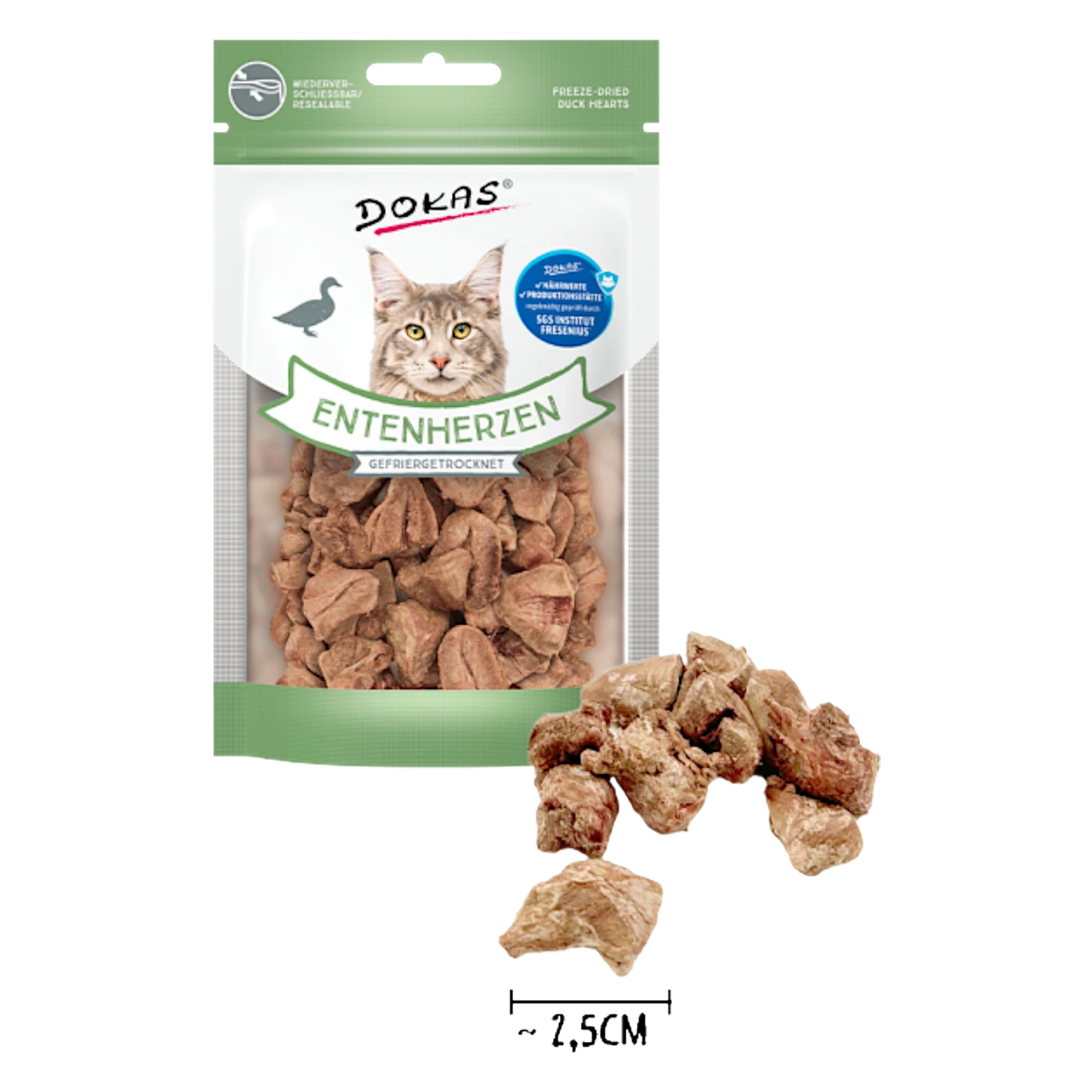 Dein Fellnasen Shop Dokas gefriergetrocknete Entenherzen für Katzen als knuspriger, natürlicher Fleischsnack im Beutel