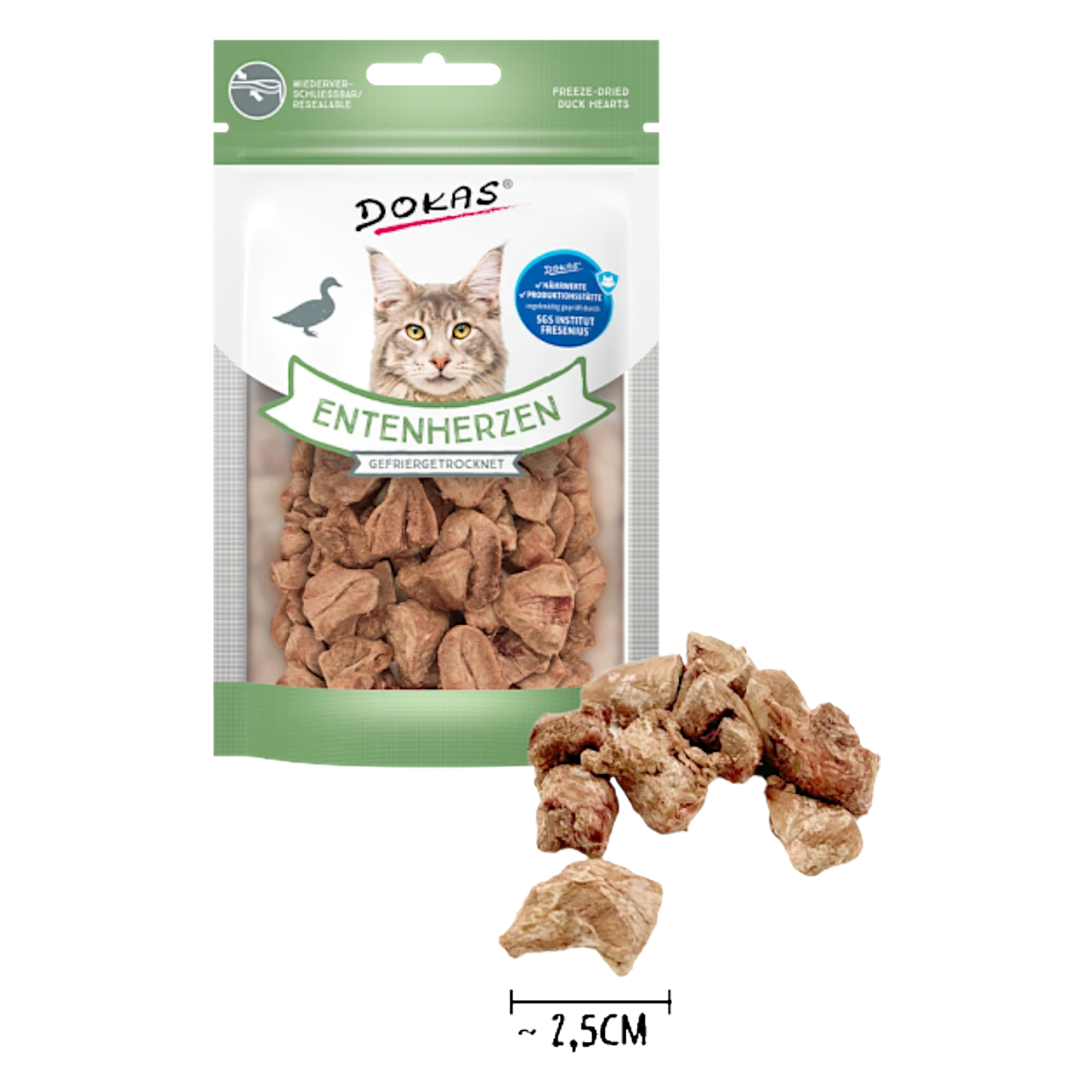 Dein Fellnasen Shop Dokas gefriergetrocknete Entenherzen für Katzen als knuspriger, natürlicher Fleischsnack im Beutel