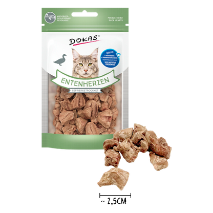 Dein Fellnasen Shop Dokas gefriergetrocknete Entenherzen für Katzen als knuspriger, natürlicher Fleischsnack im Beutel