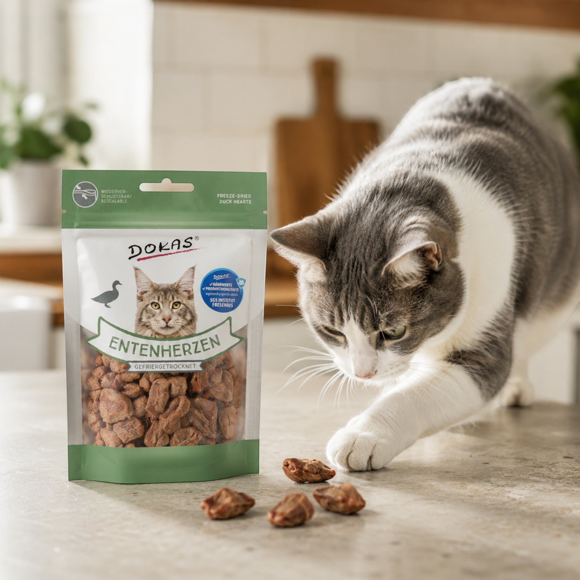 Dein Fellnasen Shop Dokas gefriergetrocknete Entenherzen als knuspriger Katzensnack neben einer neugierigen Katze