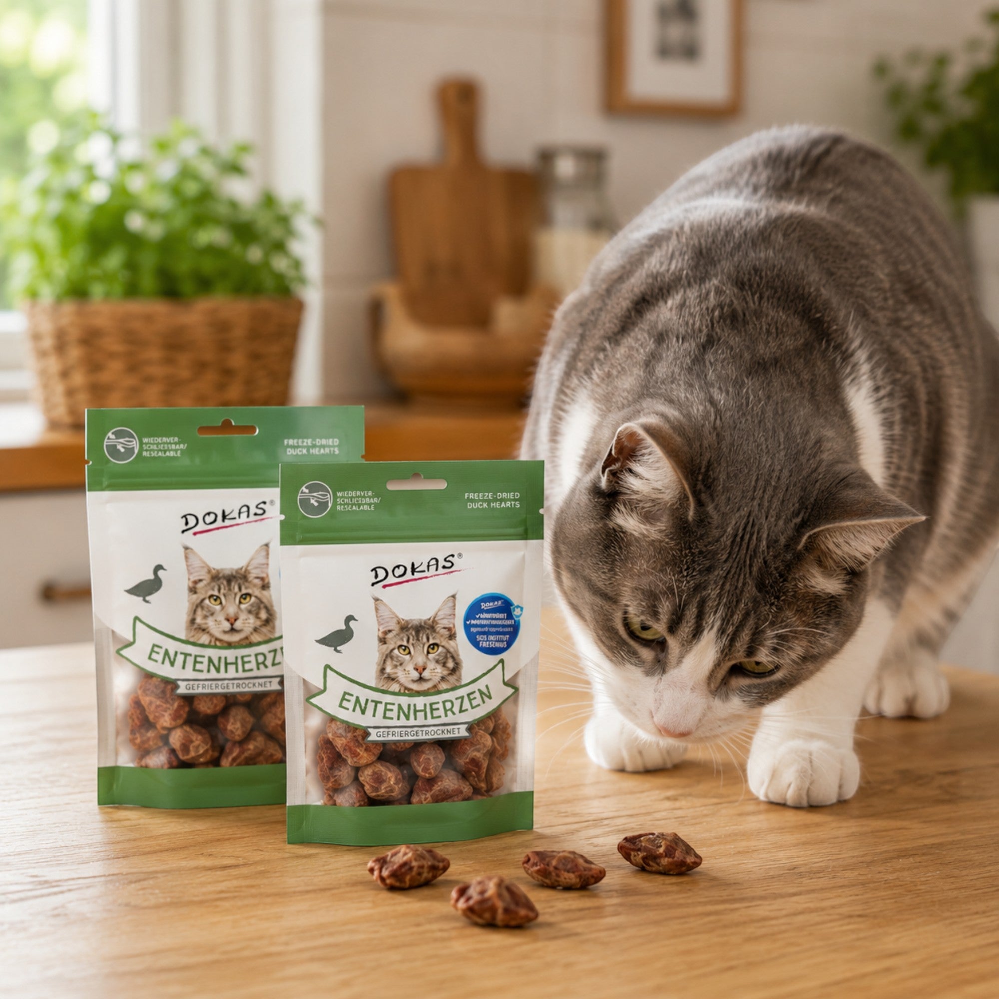Dein Fellnasen Shop Dokas gefriergetrocknete Entenherzen als gesunder Katzensnack auf einem Holztisch mit Katze