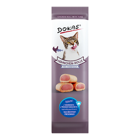 Dein Fellnasen Shop Dokas Hühnchen-Rolle mit Thunfisch Katzensnack in der Verpackung mit Katzenmotiv