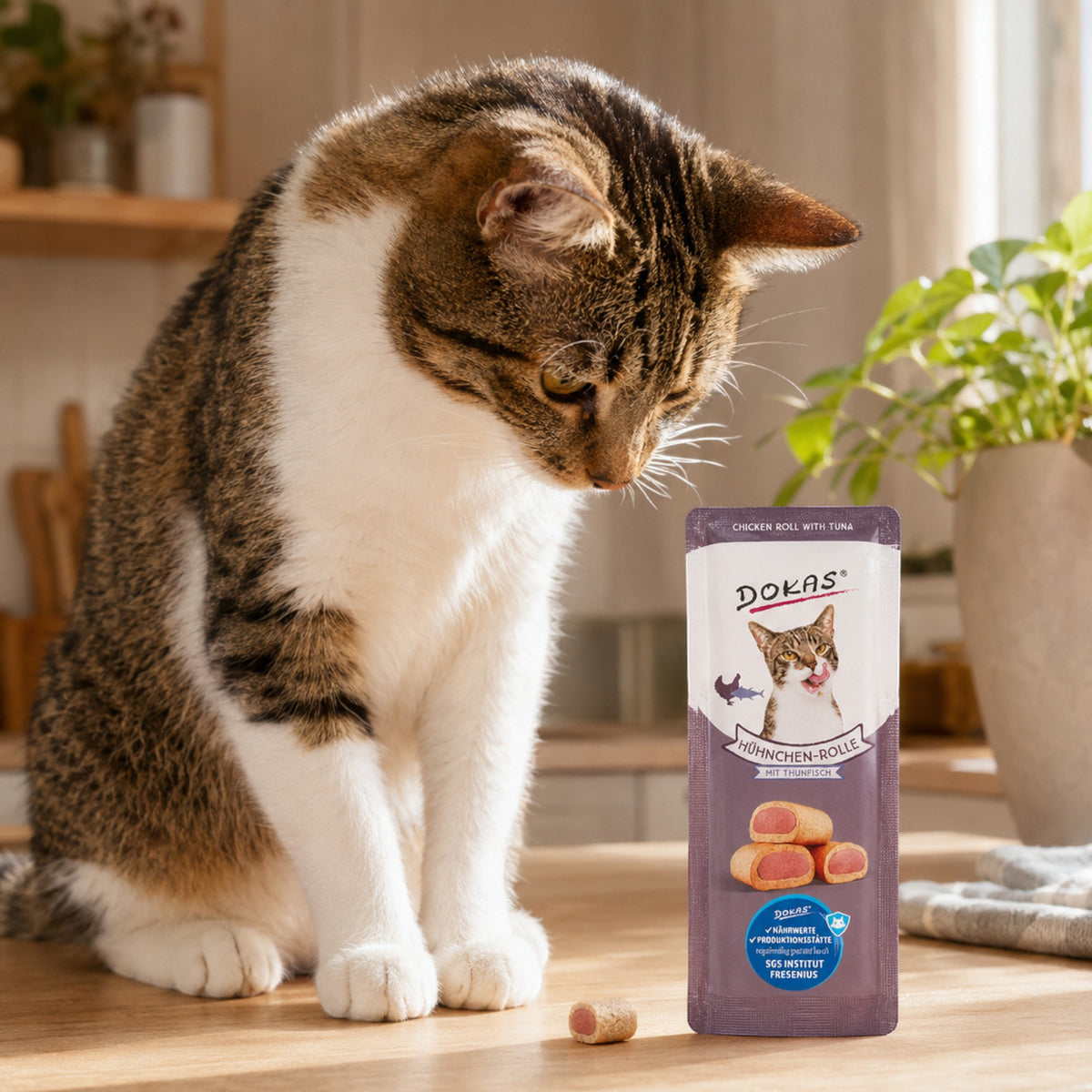 Dein Fellnasen Shop Dokas Katzen-Snack Hühnchen-Rolle mit Thunfisch neben einer neugierigen getigerten Katze auf Tisch