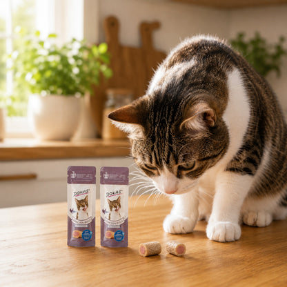 Dein Fellnasen Shop Dokas Hühnchen-Rolle mit Thunfisch Snack für Katzen neben einer neugierigen getigerten Katze