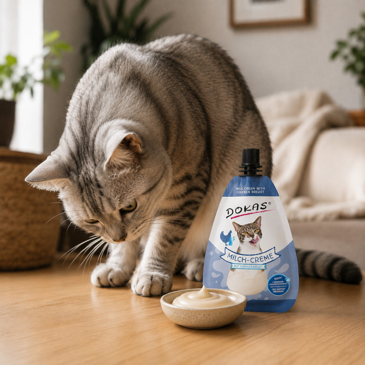 Dein Fellnasen Shop Dokas Katzen-Milch-Creme mit Hühnerbrust in wiederverschließbarem Beutel neben einer Katze