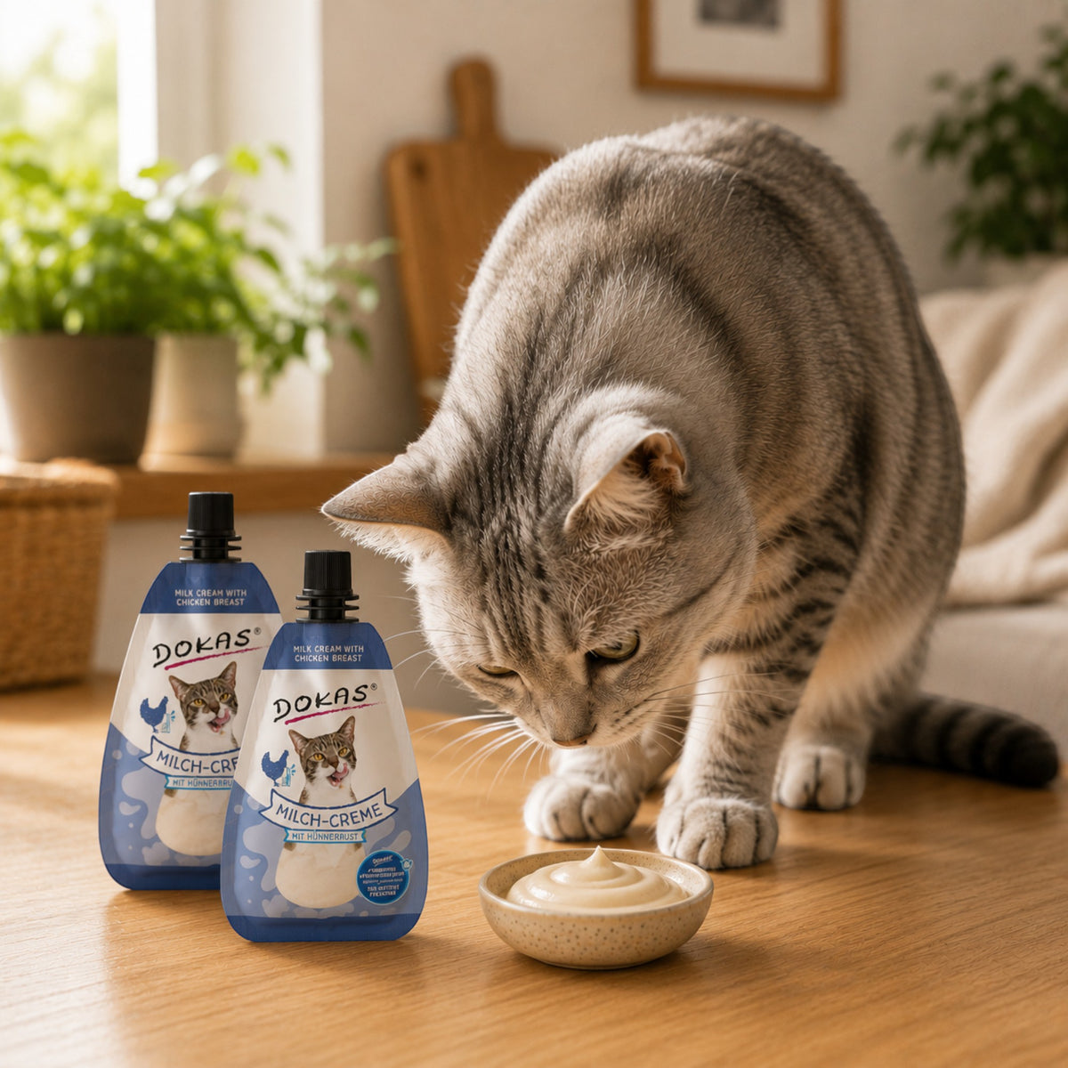 Dein Fellnasen Shop Dokas Milch-Creme mit Hühnerbrust für Katzen in wiederverschließbaren Beuteln mit einer Katze