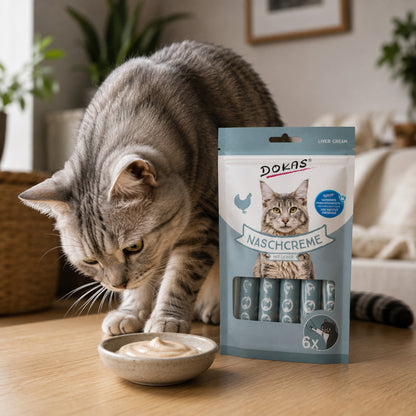 Dein Fellnasen Shop Dokas Nasch-Creme mit Leber für Katzen, serviert in einer Schale neben der Produktverpackung.