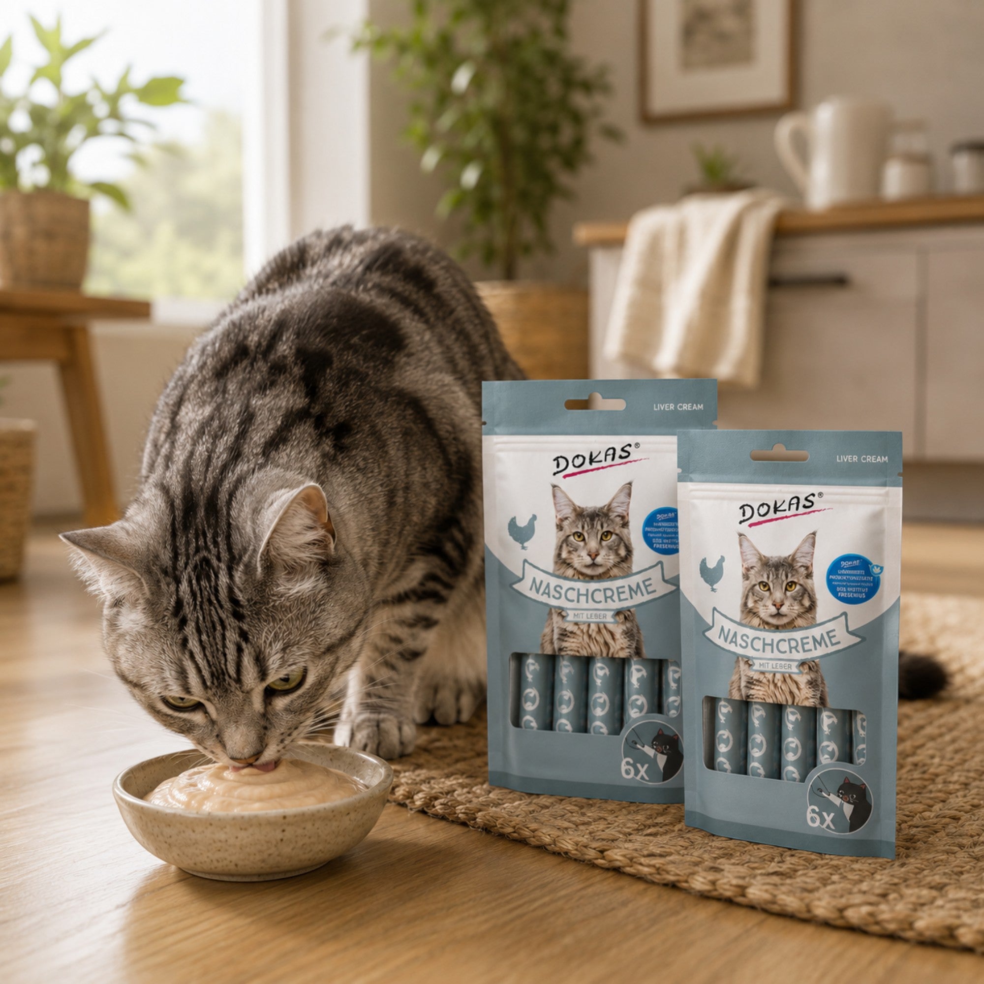 Dein Fellnasen Shop Dokas Nasch-Creme mit Leber für Katzen, serviert in einer Schale neben zwei Produktverpackungen.