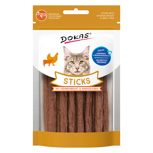 Dein Fellnasen Shop Dokas Katzen-Sticks mit Hühnerbrust und Rinderleber in wiederverschließbarer 30g-Verpackung